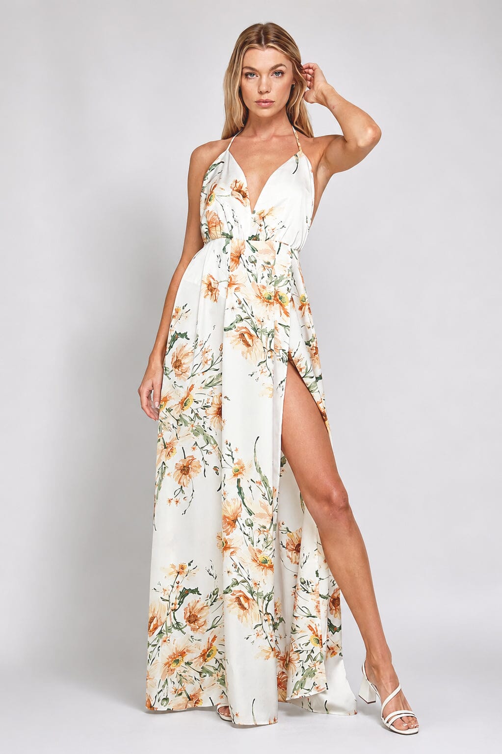 WOMEN'S SLEEVELESS V-NECK SURPLICE OPEN BACK FLORAL PRINT MAXI DRESS