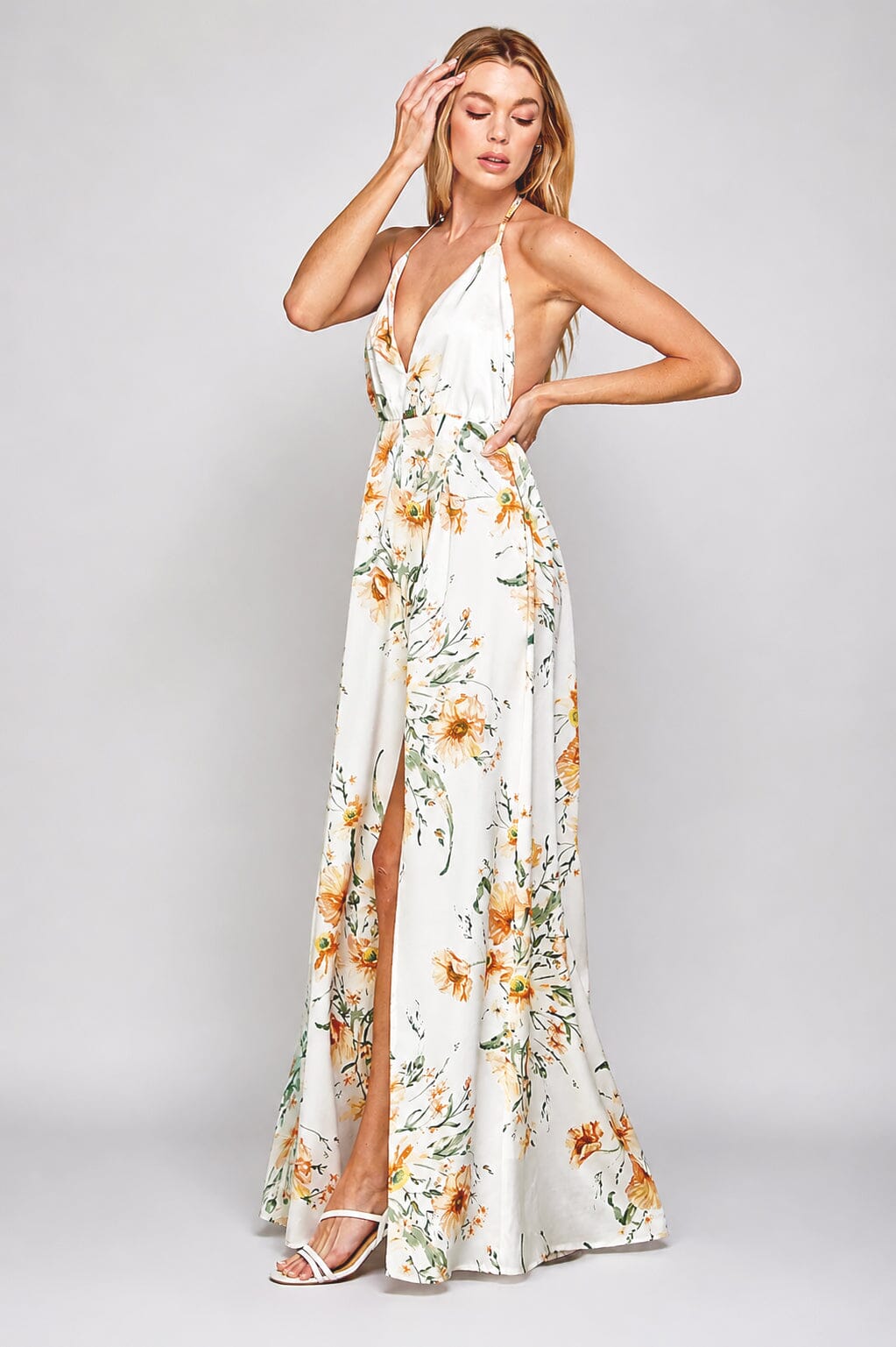 WOMEN'S SLEEVELESS V-NECK SURPLICE OPEN BACK FLORAL PRINT MAXI DRESS