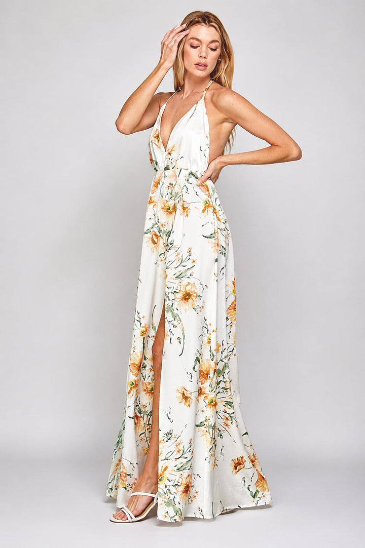 WOMEN'S SLEEVELESS V-NECK SURPLICE OPEN BACK FLORAL PRINT MAXI DRESS