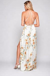 WOMEN'S SLEEVELESS V-NECK SURPLICE OPEN BACK FLORAL PRINT MAXI DRESS