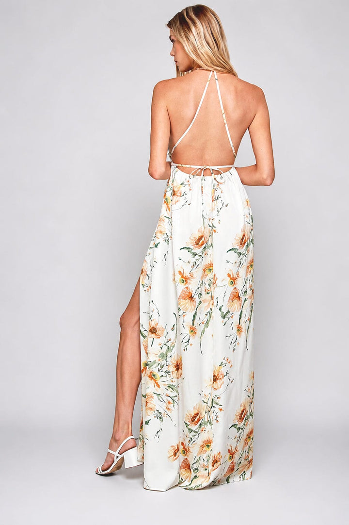 WOMEN'S SLEEVELESS V-NECK SURPLICE OPEN BACK FLORAL PRINT MAXI DRESS