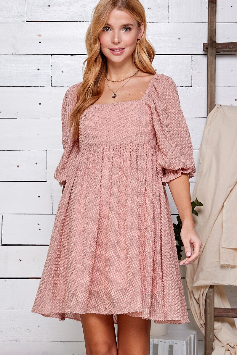 WOMEN'S 3/4 SLEEVE SQUARE NECK FRONT POCKETS TUNIC SWISS DOTS MINI DRESS