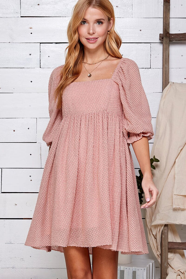 WOMEN'S 3/4 SLEEVE SQUARE NECK FRONT POCKETS TUNIC SWISS DOTS MINI DRESS