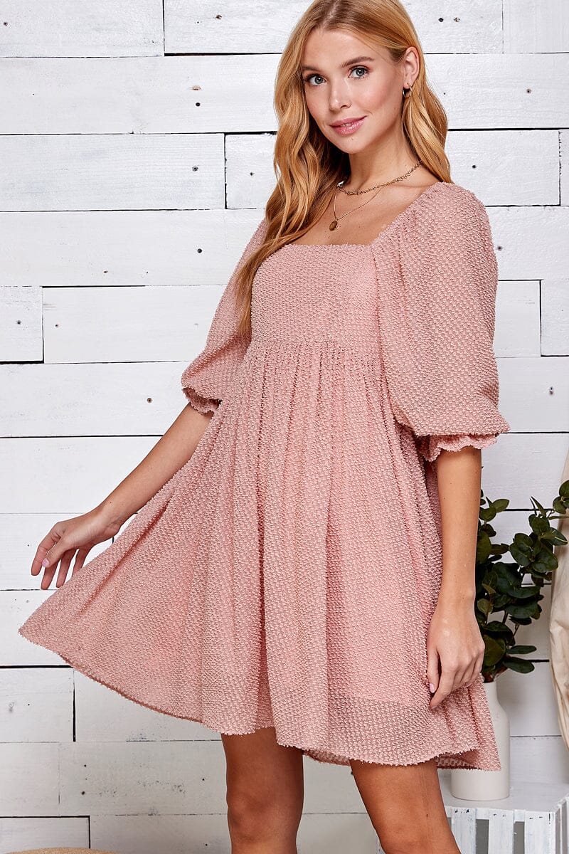 WOMEN'S 3/4 SLEEVE SQUARE NECK FRONT POCKETS TUNIC SWISS DOTS MINI DRESS