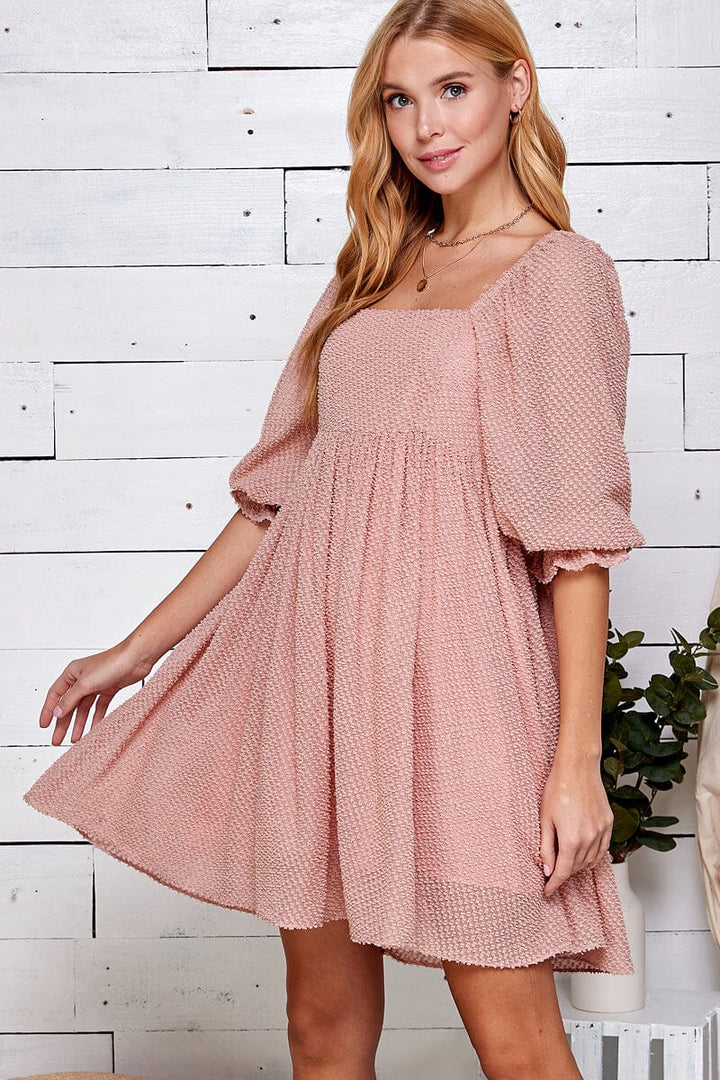 WOMEN'S 3/4 SLEEVE SQUARE NECK FRONT POCKETS TUNIC SWISS DOTS MINI DRESS