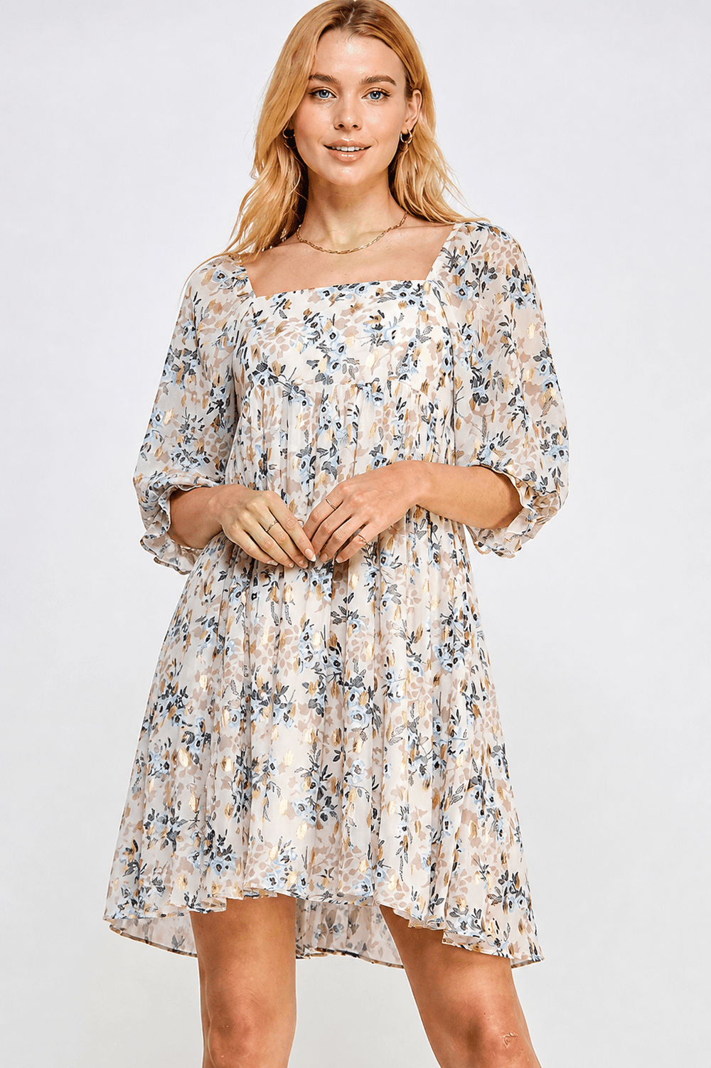 WOMEN'S 3/4 SLEEVE FRONT POCKETS TUNIC FLORAL MINI DRESS