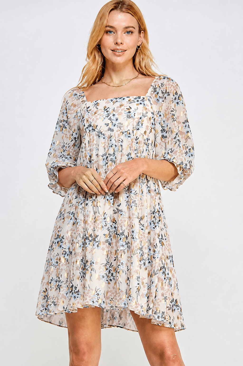 WOMEN'S 3/4 SLEEVE FRONT POCKETS TUNIC FLORAL MINI DRESS