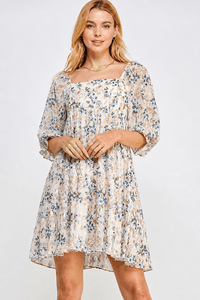 WOMEN'S 3/4 SLEEVE FRONT POCKETS TUNIC FLORAL MINI DRESS