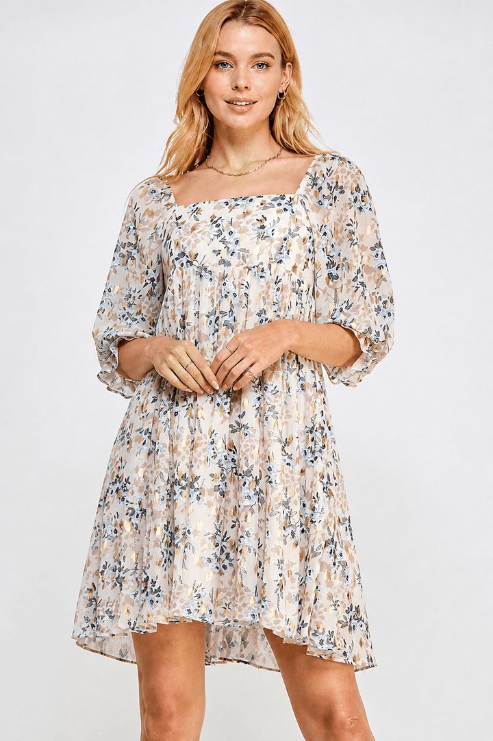 WOMEN'S 3/4 SLEEVE FRONT POCKETS TUNIC FLORAL MINI DRESS