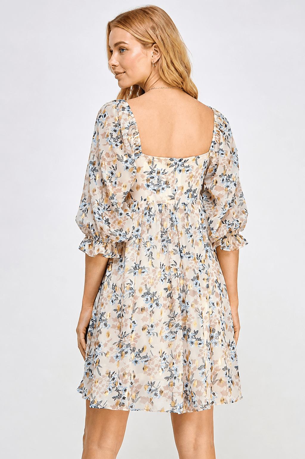 WOMEN'S 3/4 SLEEVE FRONT POCKETS TUNIC FLORAL MINI DRESS