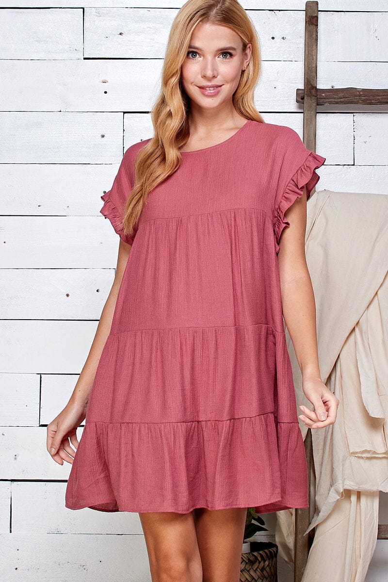 WOMEN'S SHORT RUFFLE SLEEVE TIERED TUNIC MINI DRESS
