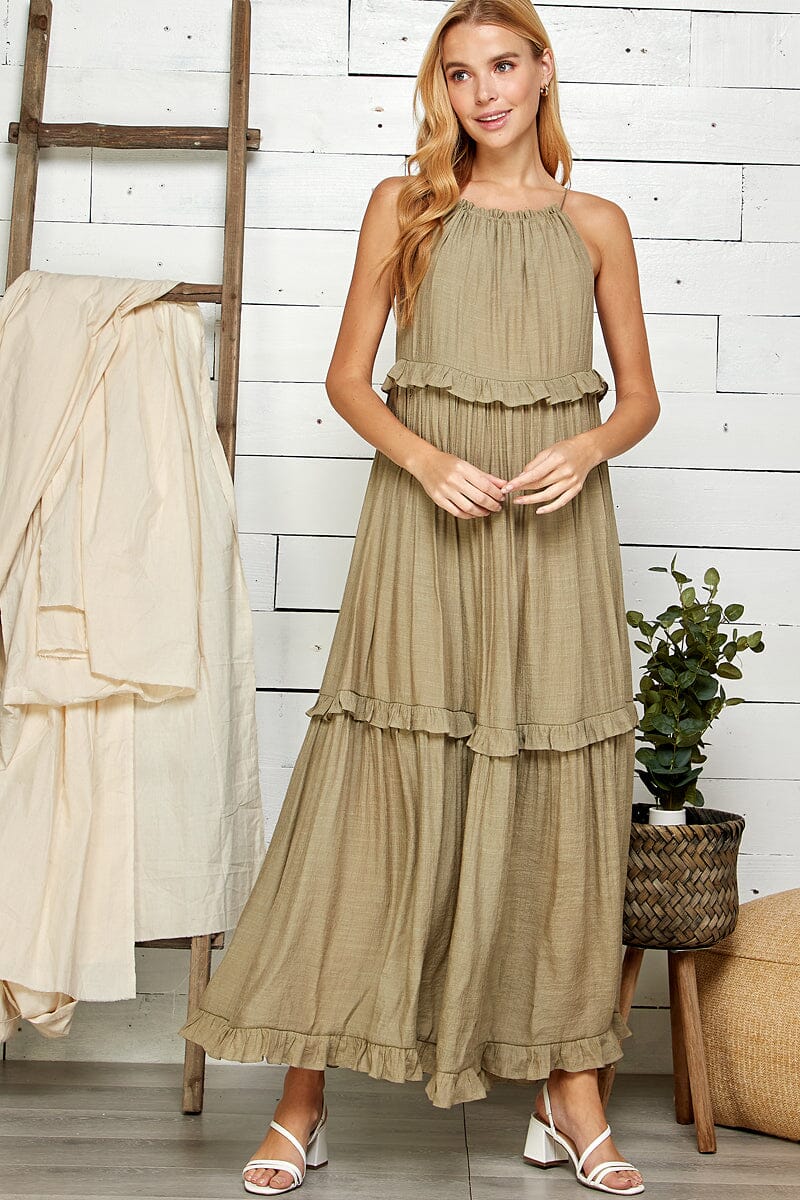WOMEN'S SLEEVELESS TIERED RUFFLE MAXI DRESS