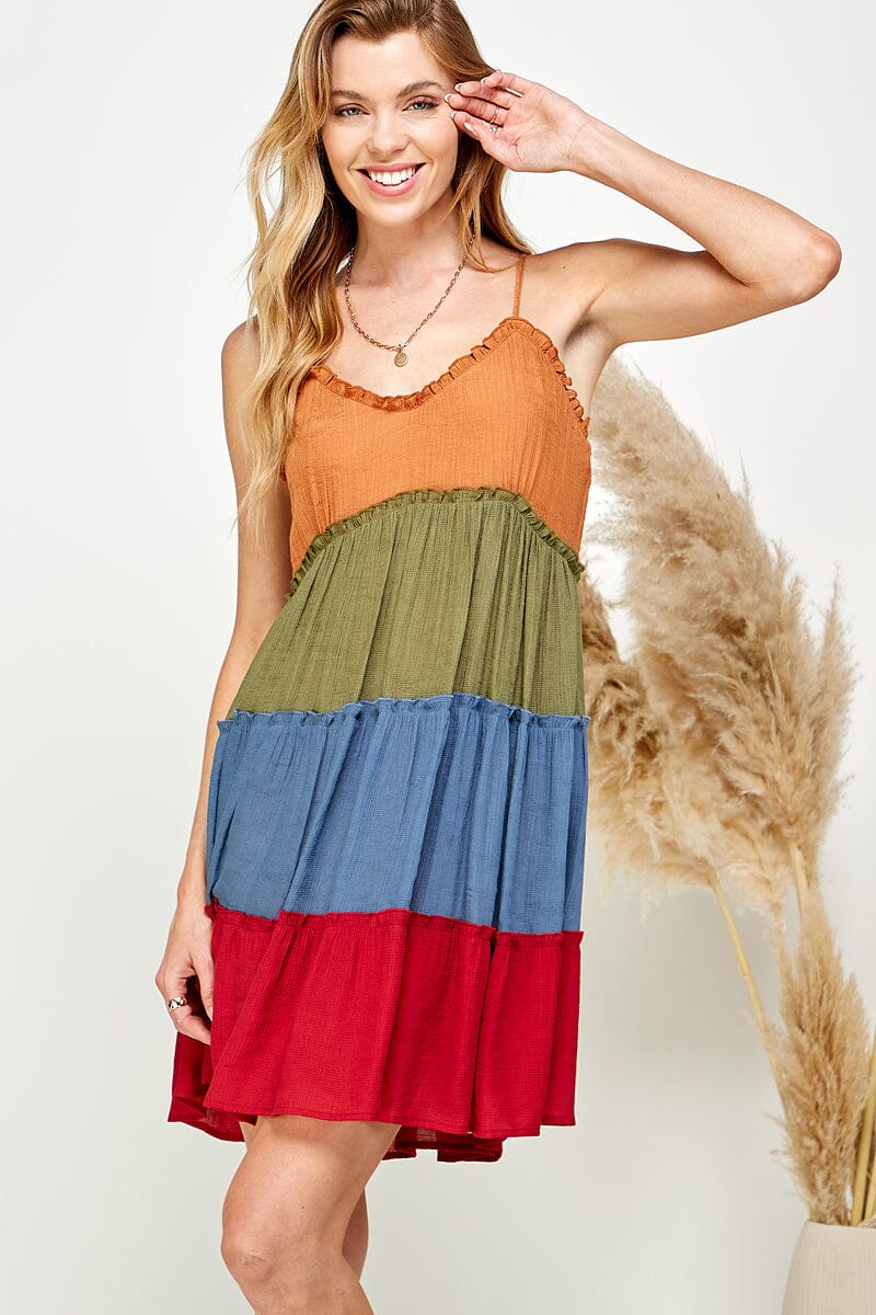WOMEN'S SLEEVELESS V-NECK TIERED COLORBLOCK MINI DRESS