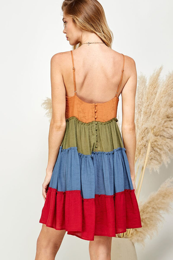 WOMEN'S SLEEVELESS V-NECK TIERED COLORBLOCK MINI DRESS