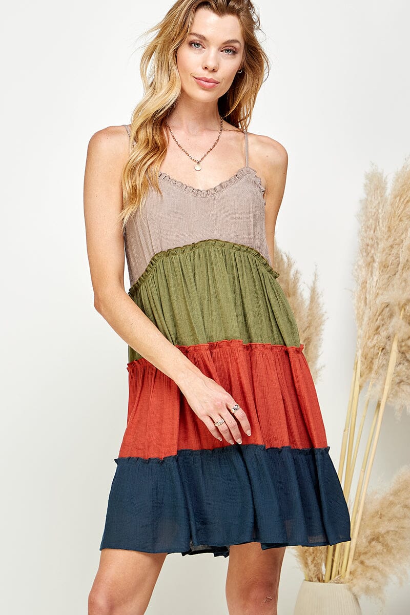 WOMEN'S SLEEVELESS V-NECK TIERED COLORBLOCK MINI DRESS