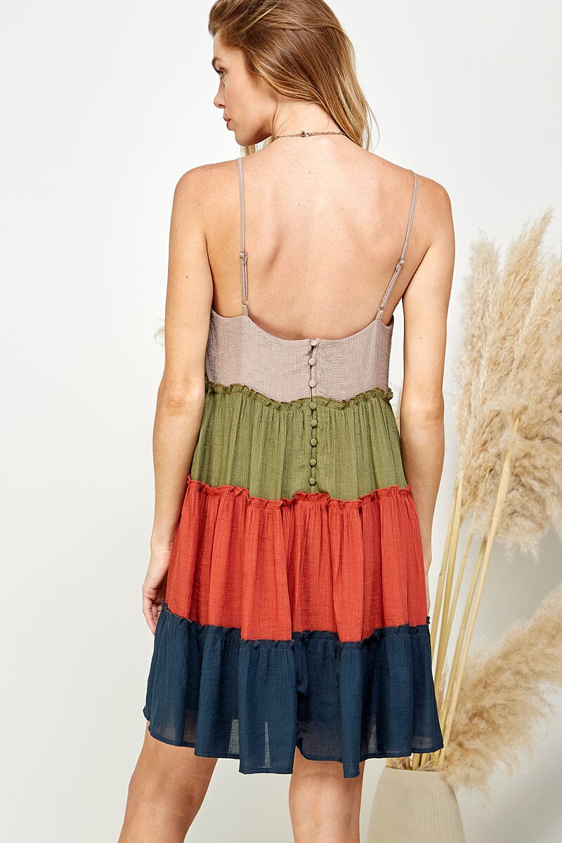 WOMEN'S SLEEVELESS V-NECK TIERED COLORBLOCK MINI DRESS