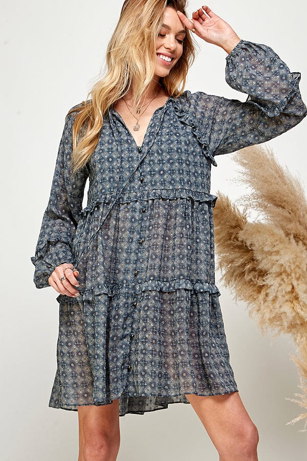 WOMEN'S LONG SLEEVE V-NECK BUTTON UP TIERED MINI DRESS