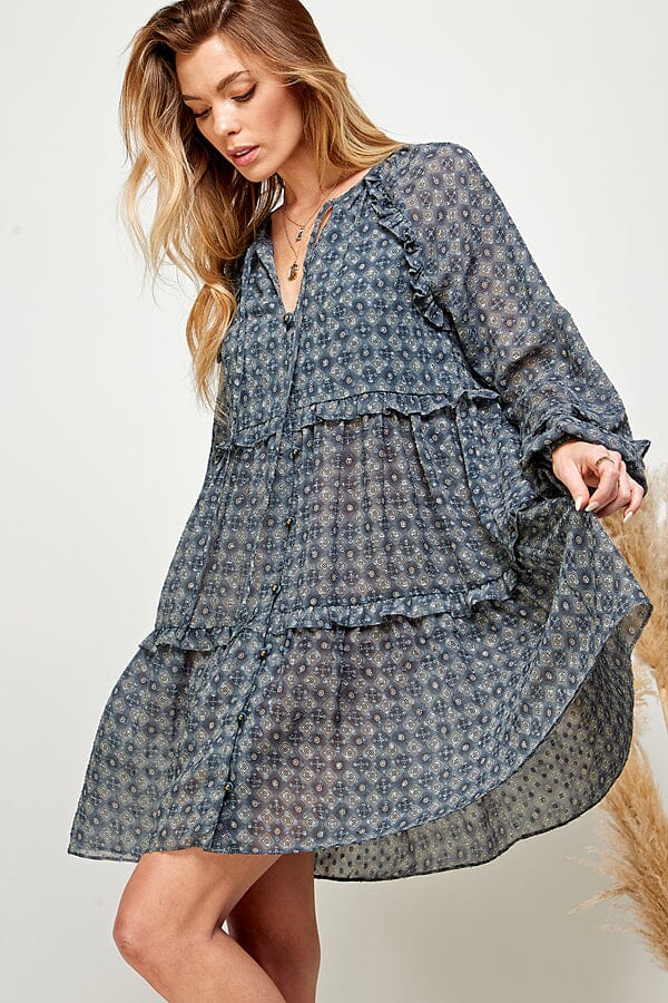 WOMEN'S LONG SLEEVE V-NECK BUTTON UP TIERED MINI DRESS