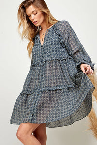 WOMEN'S LONG SLEEVE V-NECK BUTTON UP TIERED MINI DRESS