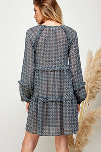 WOMEN'S LONG SLEEVE V-NECK BUTTON UP TIERED MINI DRESS