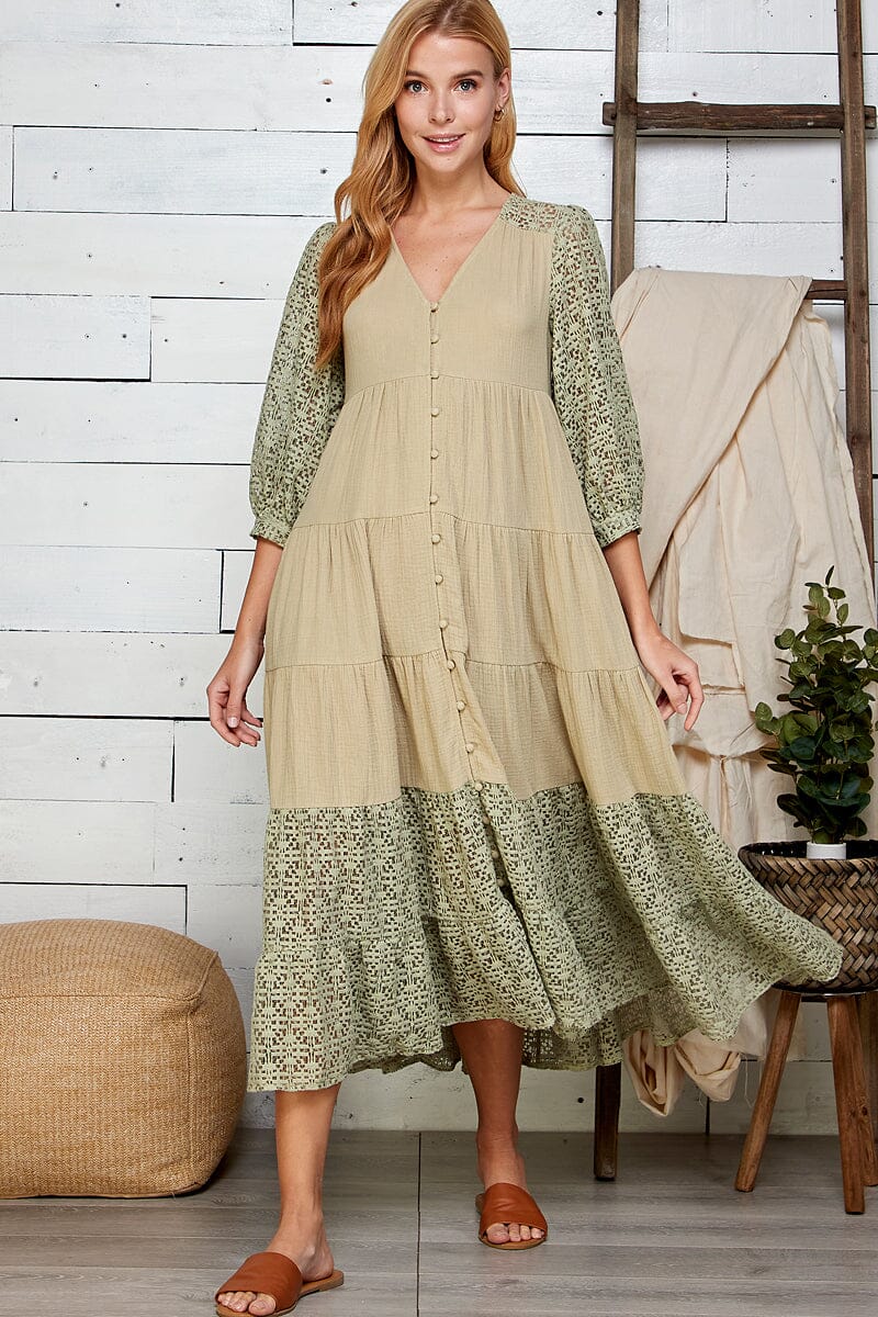 WOMEN'S 3/4 SLEEVE V-NECK BUTTON UP TIERED CROCHET DETAILED MAXI DRESS