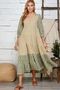 WOMEN'S 3/4 SLEEVE V-NECK BUTTON UP TIERED CROCHET DETAILED MAXI DRESS