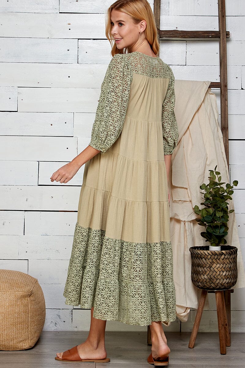 WOMEN'S 3/4 SLEEVE V-NECK BUTTON UP TIERED CROCHET DETAILED MAXI DRESS