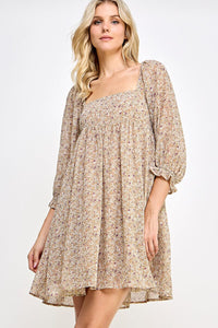 WOMEN'S 3/4 SLEEVE SQUARE NECK FRONT POCKETS FLORAL PRINT MINI DRESS
