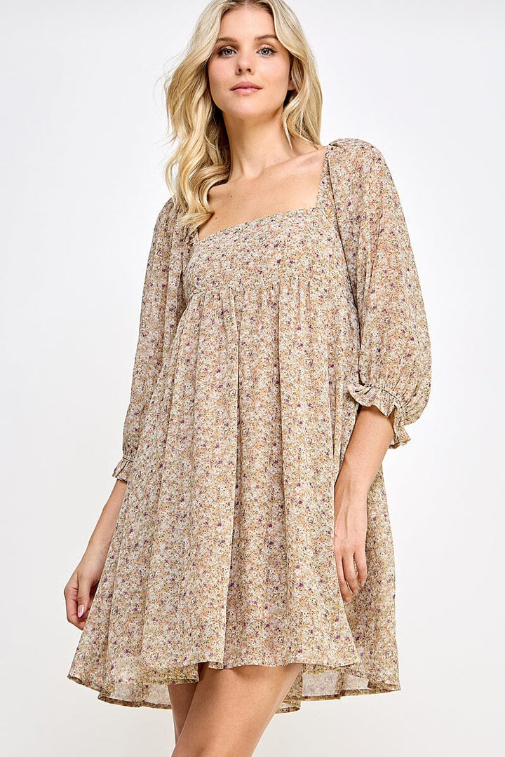 WOMEN'S 3/4 SLEEVE SQUARE NECK FRONT POCKETS FLORAL PRINT MINI DRESS
