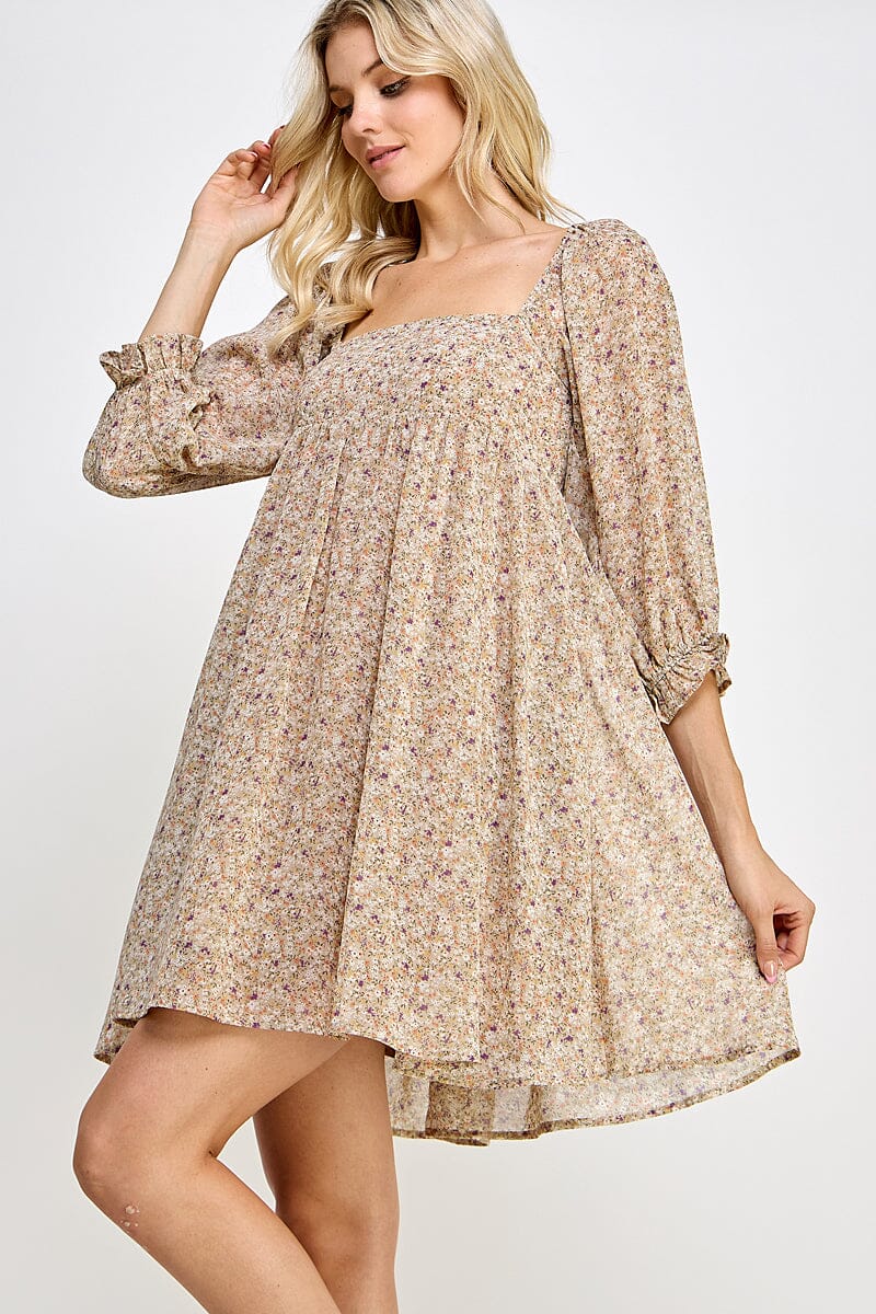 WOMEN'S 3/4 SLEEVE SQUARE NECK FRONT POCKETS FLORAL PRINT MINI DRESS