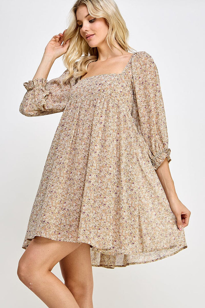 WOMEN'S 3/4 SLEEVE SQUARE NECK FRONT POCKETS FLORAL PRINT MINI DRESS