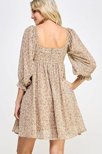 WOMEN'S 3/4 SLEEVE SQUARE NECK FRONT POCKETS FLORAL PRINT MINI DRESS