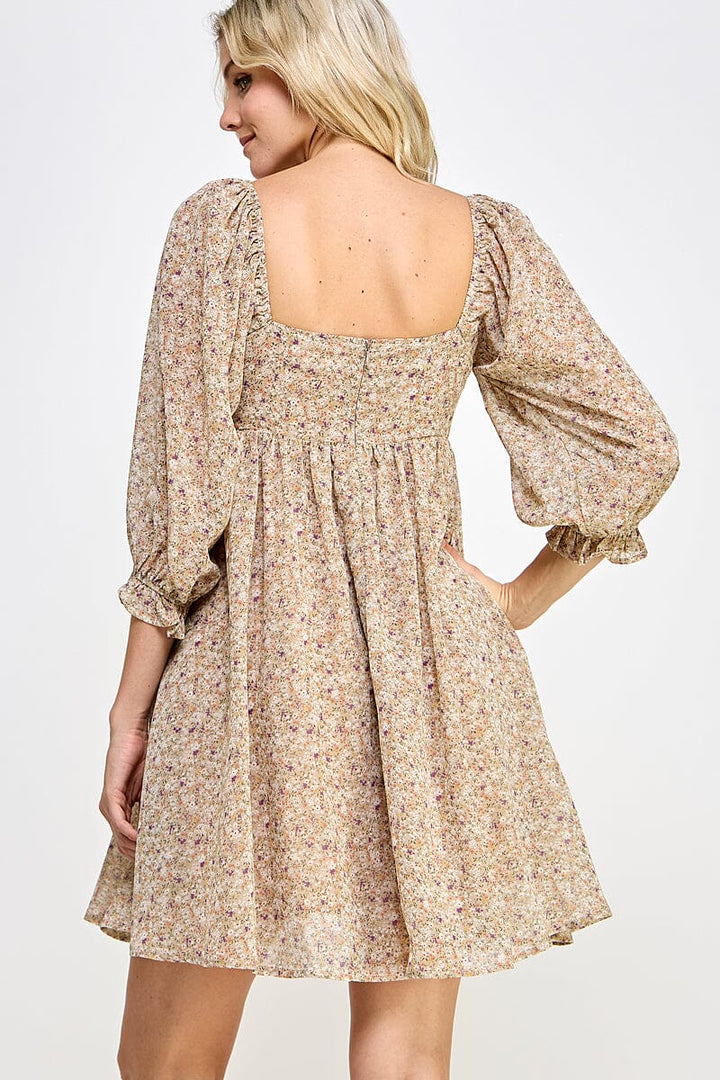 WOMEN'S 3/4 SLEEVE SQUARE NECK FRONT POCKETS FLORAL PRINT MINI DRESS