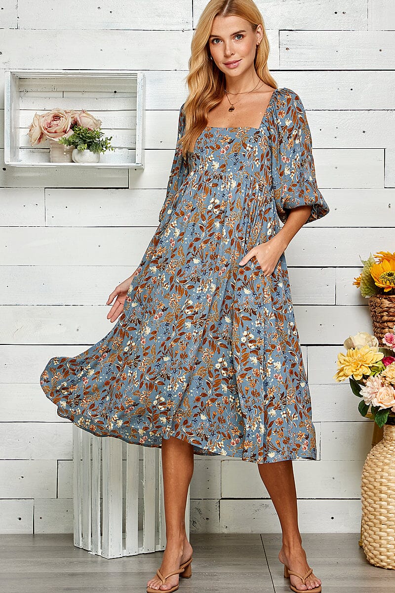 WOMEN'S 3/4 SLEEVES SQUARE NECK FRONT POCKETS FLORAL MIDI DRESS