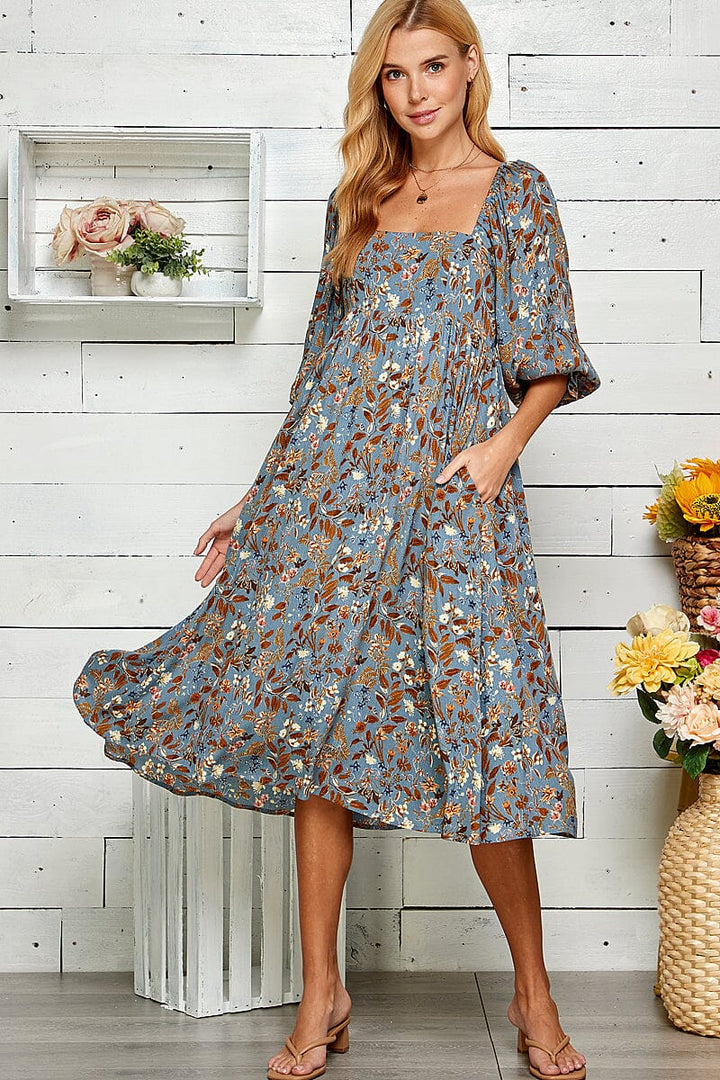 WOMEN'S 3/4 SLEEVES SQUARE NECK FRONT POCKETS FLORAL MIDI DRESS