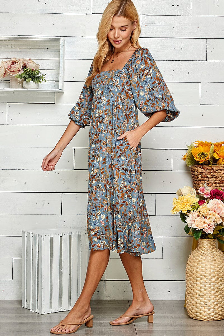 WOMEN'S 3/4 SLEEVES SQUARE NECK FRONT POCKETS FLORAL MIDI DRESS