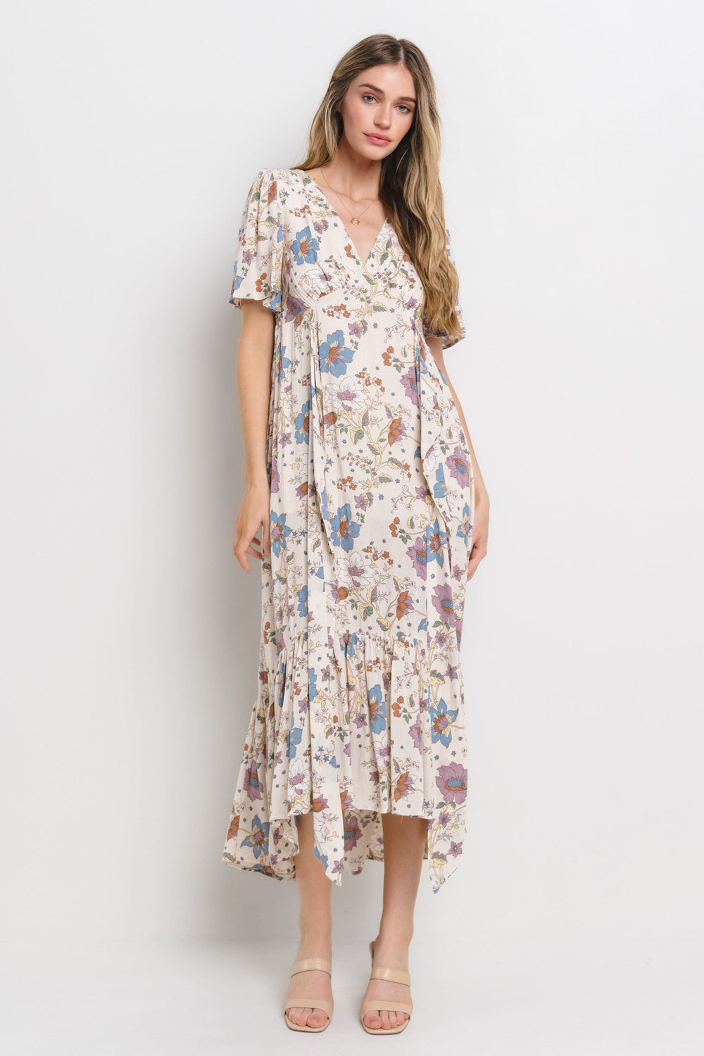 WOMEN'S SHORT SLEEVE V-NECK SELF TIE FLORAL PRINT MAXI DRESS