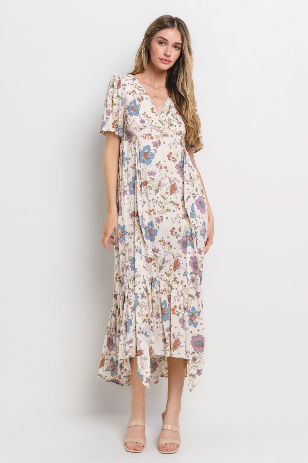 WOMEN'S SHORT SLEEVE V-NECK SELF TIE FLORAL PRINT MAXI DRESS