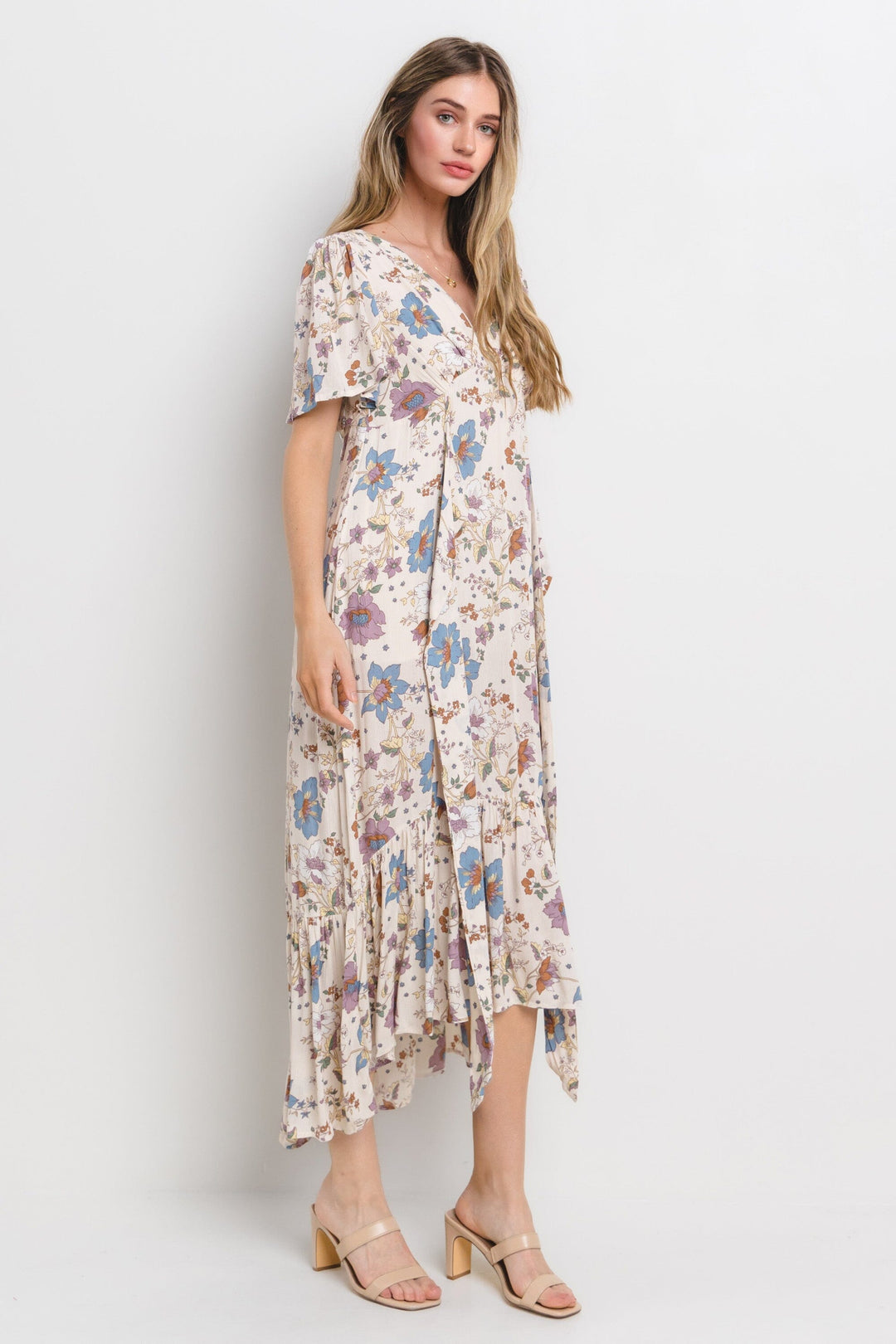 WOMEN'S SHORT SLEEVE V-NECK SELF TIE FLORAL PRINT MAXI DRESS