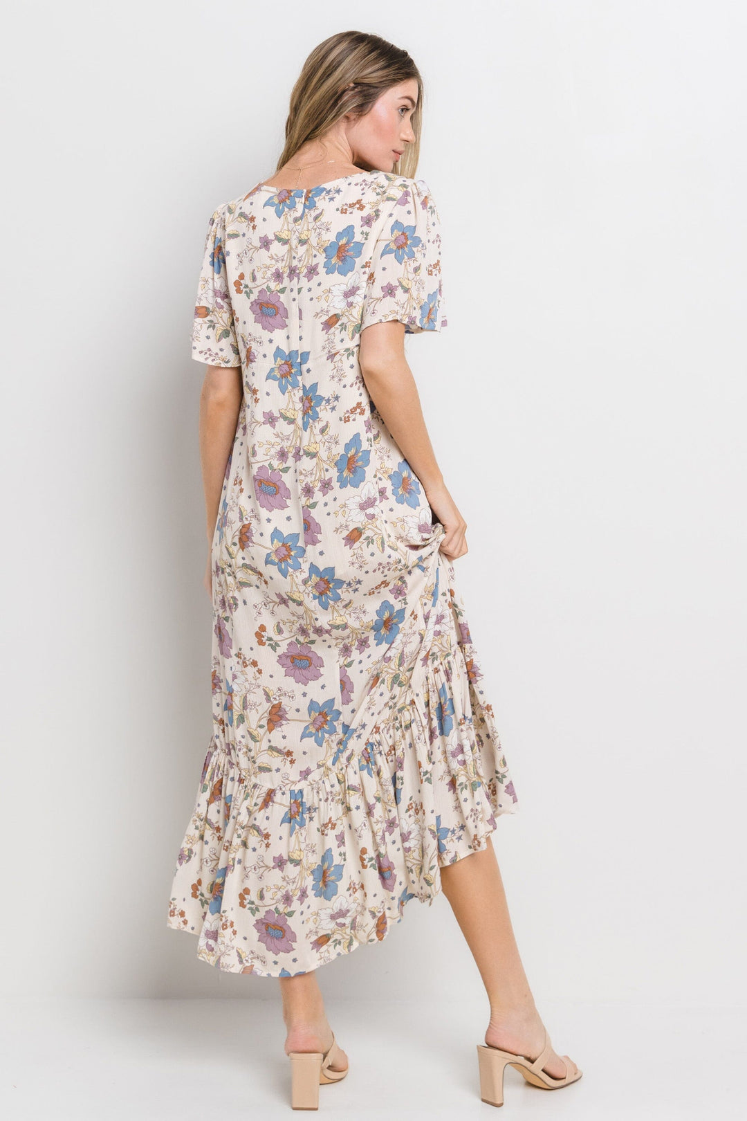 WOMEN'S SHORT SLEEVE V-NECK SELF TIE FLORAL PRINT MAXI DRESS