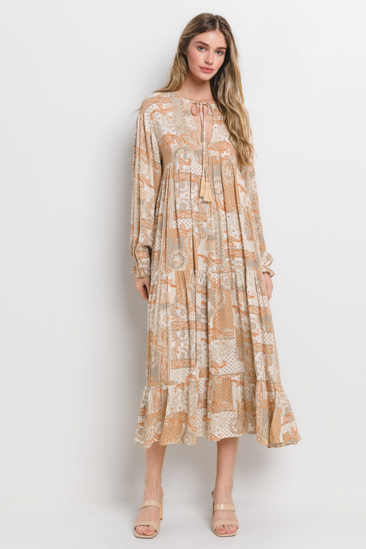 WOMEN'S LONG SLEEVE V-NECK LOOSE FIT FLORAL PRINT MAXI DRESS