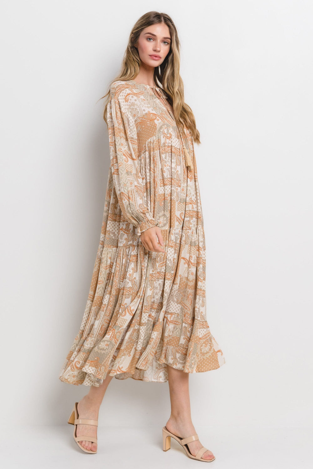 WOMEN'S LONG SLEEVE V-NECK LOOSE FIT FLORAL PRINT MAXI DRESS