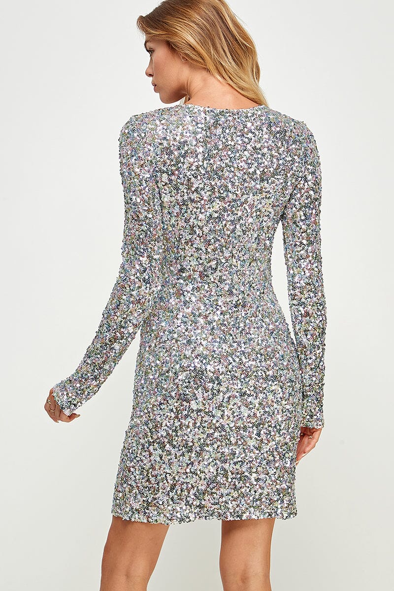 WOMEN'S LONG SLEEVE MULTI SEQUINS BODYCON MINI DRESS