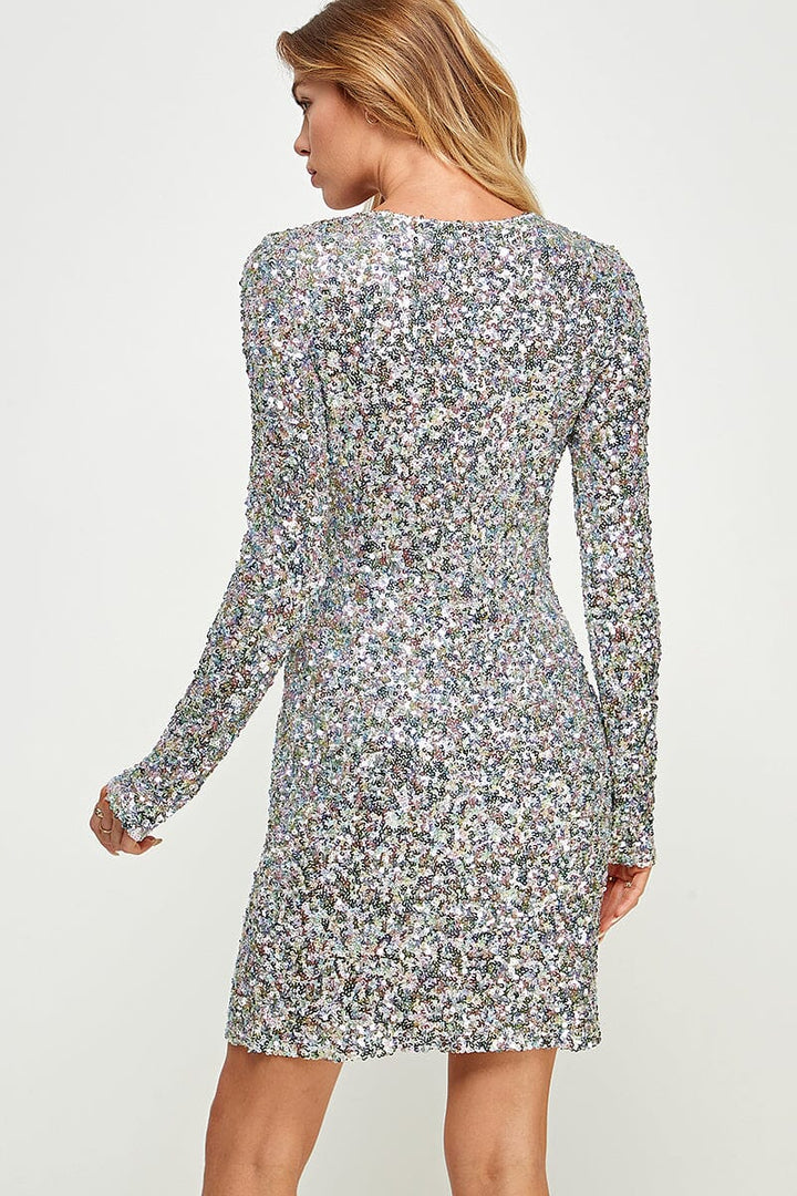 WOMEN'S LONG SLEEVE MULTI SEQUINS BODYCON MINI DRESS