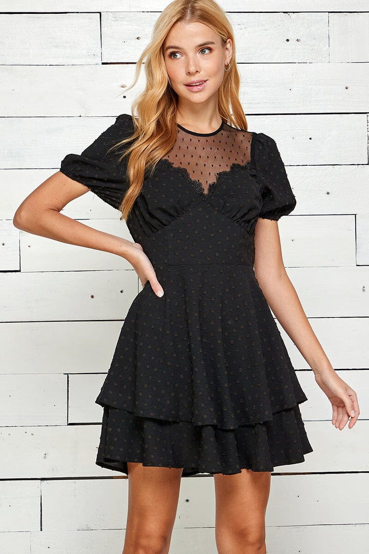 WOMEN'S SHORT SLEEVE MESH NECK OPEN BACK SWISS DOTS MINI DRESS