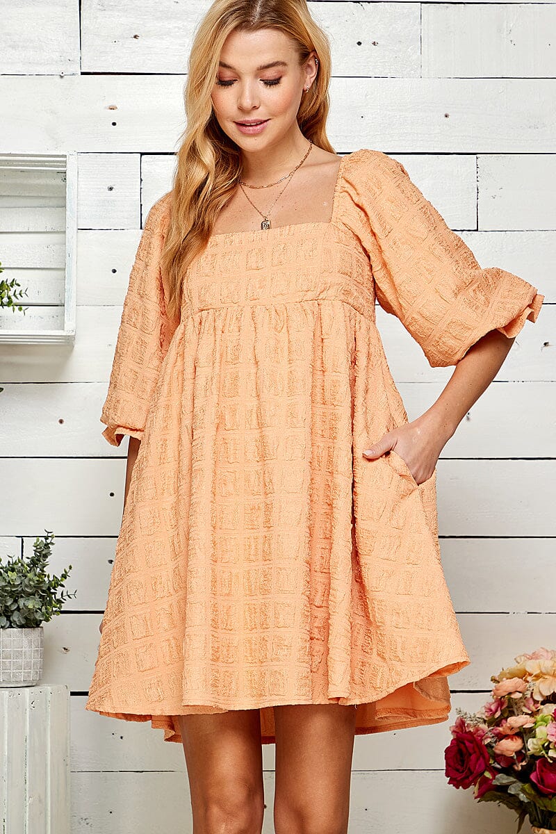 WOMEN'S SHORT SLEEVE SQUARE NECK FRONT POCKETS TUNIC MINI DRESS