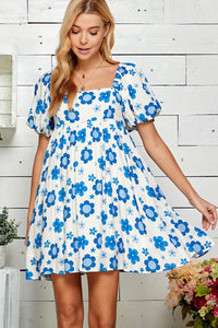 WOMEN'S SHORT SLEEVE SQUARE NECK FRONT POCKETS TUNIC FLORAL MINI DRESS