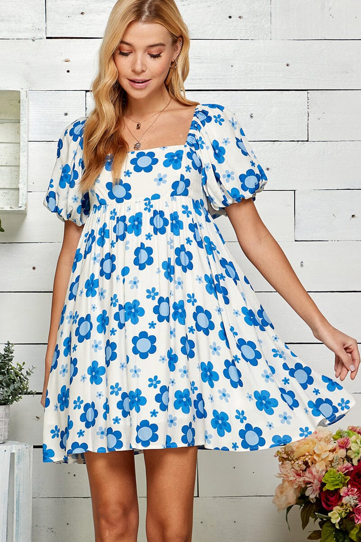 WOMEN'S SHORT SLEEVE SQUARE NECK FRONT POCKETS TUNIC FLORAL MINI DRESS