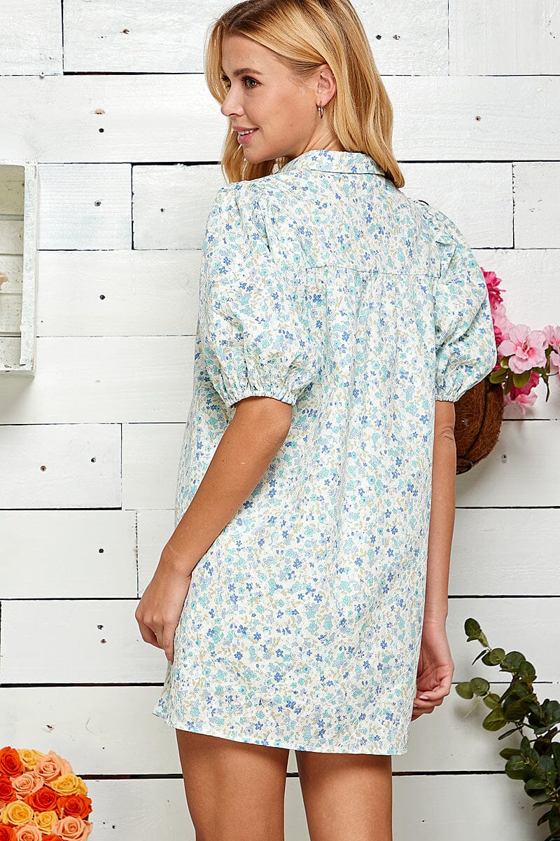 WOMEN'S SHORT SLEEVE BUTTON UP FLORAL TUNIC MINI DRESS