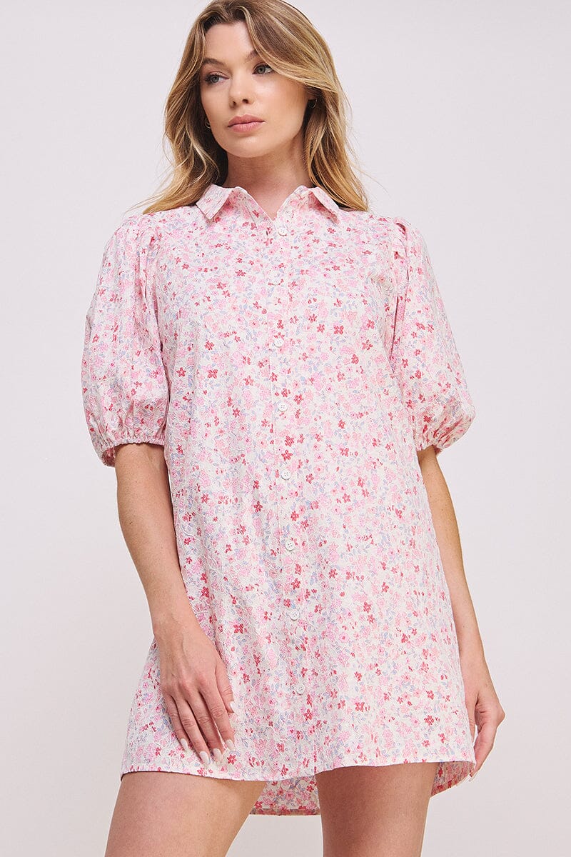 WOMEN'S SHORT SLEEVE BUTTON UP FLORAL TUNIC MINI DRESS